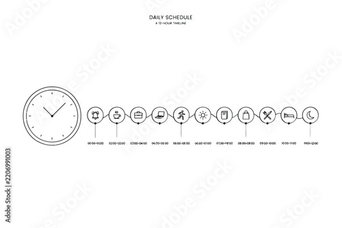 Daily schedule icons representing activities over a twelve hour timeline flat vector