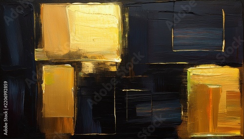 closeup of abstract rough dark gold black art painting texture with oil acrylic brushstroke pallet knife paint on canvas geometric spatula technique with rectangles