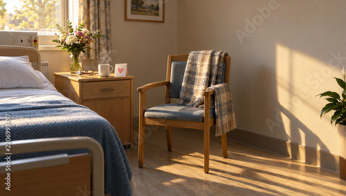Empty bedside chair with steaming tea and birthday card in care home, fleeting dementia lucidity