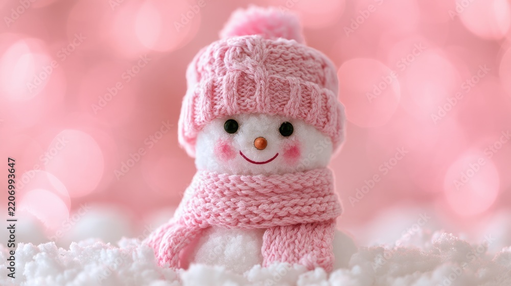 Obraz premium Cute snowman figurine wearing pink knitted hat and scarf with smiling face on snowy surface with soft pink bokeh background