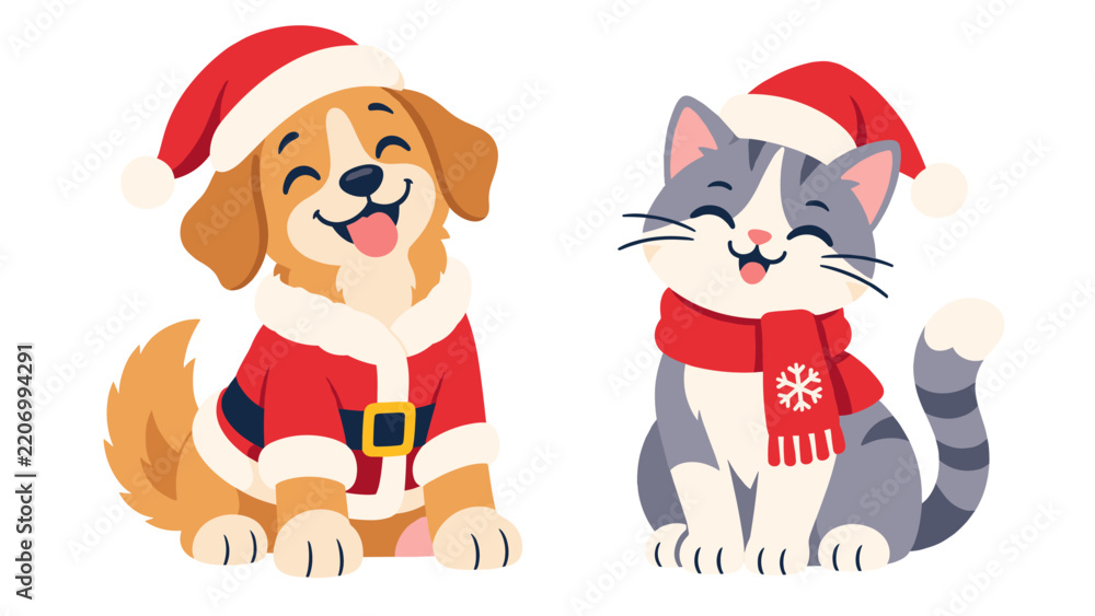 Obraz premium Dog and cat in christmas outfits illustration