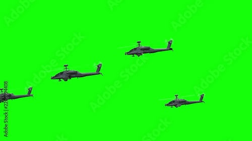 3d rendered animation of flying military helicopters on green screen