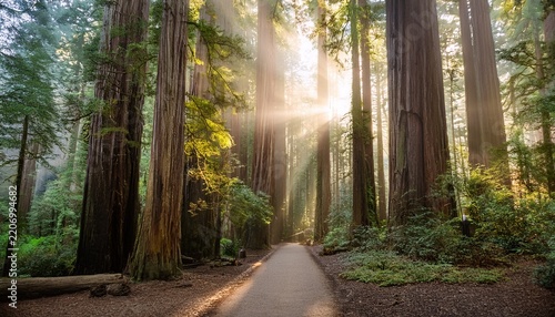 sunlight filtering through tall redwood forest path with misty atmosphere and natural glow