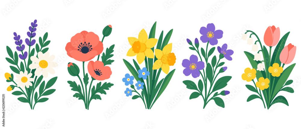 Fototapeta premium Spring flower bouquets illustration