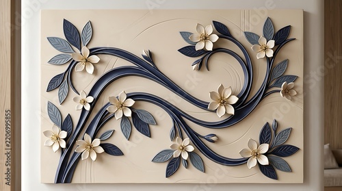 Sculptural wall art piece featuring swirling dark branches and white flowers on plaster background wall relief swirling vines decorative panel floral sculpture wall decor botanical art