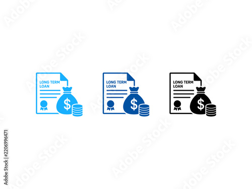 Long term loan financial icons set with money bag and document.