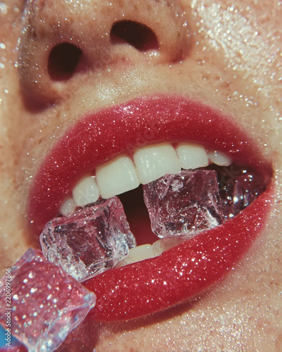 Glossy Red Lips with Ice Cubes, Beauty and Refreshment Concept