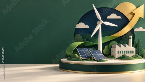 風力発電・太陽光パネル・緑の矢印が描く再生可能エネルギーとESGのコンセプト画像