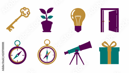 Set of colorful flat design icons representing business concepts and success symbols for presentations.