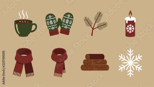 Set of cozy winter season icons featuring hot drinks clothing and festive holiday elements.
