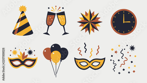 Set of flat vector icons for New Year celebration and party event elements.