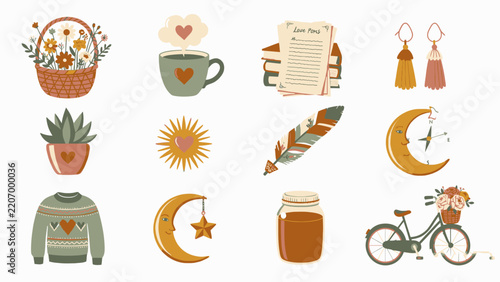 Boho style hand drawn icons collection with flowers moon coffee and cozy lifestyle elements.