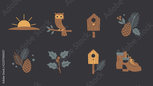 Set of flat vector icons featuring woodland animals and nature elements in autumn style.
