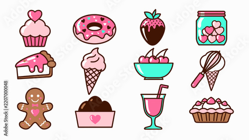 Set of cute sweet dessert icons with pink hearts and chocolate graphic elements.