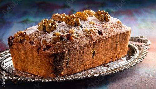 homestyle fruitcake topped with walnuts sitting on an antique silver tray with a lace doily reflecting a warm light
