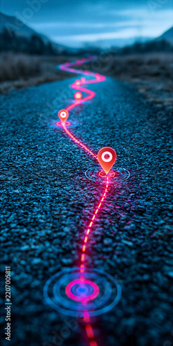 a Glowing path with checkpoints showing a concept for business roadmap and customer journey
