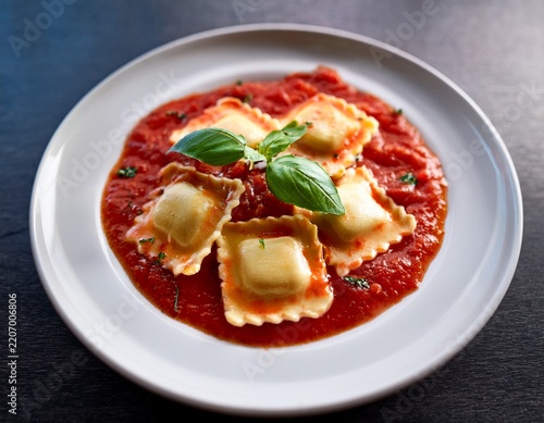ravioli pasta with rich tomato sauce and fresh basil on a white plate ready for a gourmet italian meal