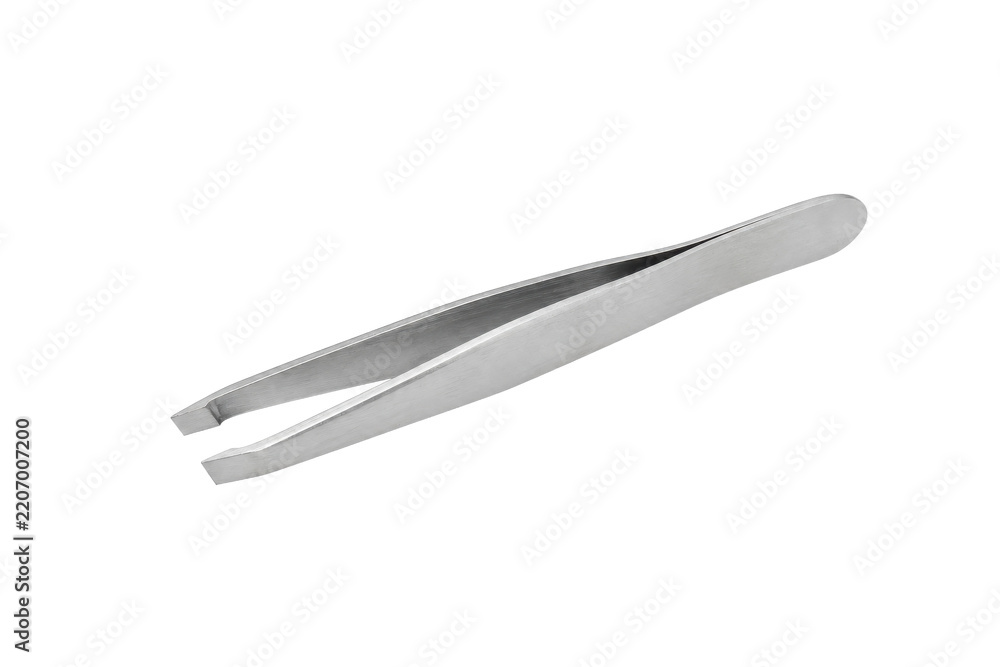 Fototapeta premium Single shiny silver metal tweezers tool with a flat tip, angled on a clean white background, studio shot