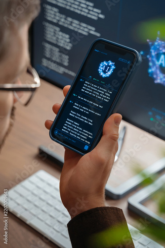 Close up of man using AI chatbot app on his smartphone for business tips, while artificial intelligence assistant or agent on his computer helps him with work and daily tasks on background. 