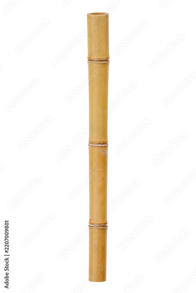 Obraz premium Single natural bamboo stick with visible nodes and a hollow top, isolated on a clean white background