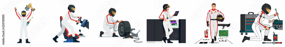 Obraz premium Set of vector illustrations featuring a race car driver celebrating, training in a simulator, performing maintenance, and analyzing telemetry data.