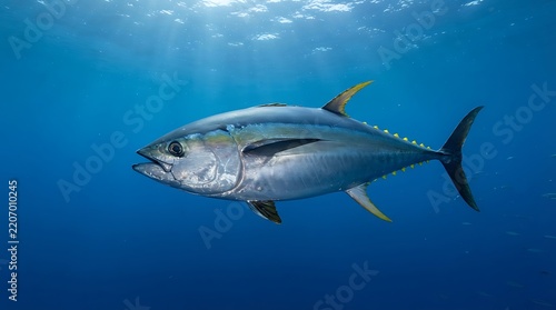 A large yellowfin tuna fish swimming gracefully in the deep blue ocean with sunlight filtering through the water.