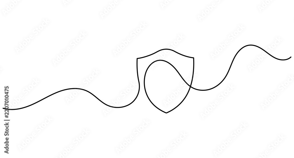Obraz premium Security shield continuous line art, editable stroke minimal outline vector illustration