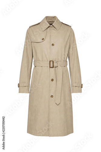 Classic beige long trench coat with a belted waist and button details, presented on a white background
