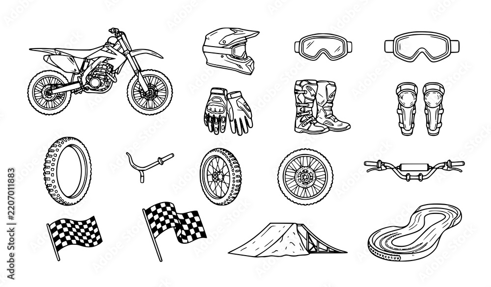 Fototapeta premium Motocross Dirt Bike Line Art Icon Set with Helmet Gear and Racing Equipment