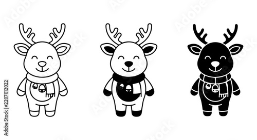 Cute Reindeer Vector Icons, Christmas Characters, Festive Holiday Animals, Black and White Designs