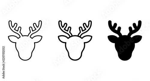 Deer Head Icons, Vector Set: Outline, Filled, Silhouette. Christmas and Wildlife Graphics