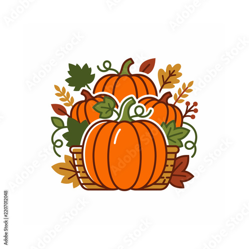 Autumn pumpkins in a basket surrounded by colorful fall leaves and berries