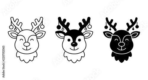 Cute Reindeer Icons, Christmas Vector Graphics, Festive Holiday Animal Faces, Black and White Designs
