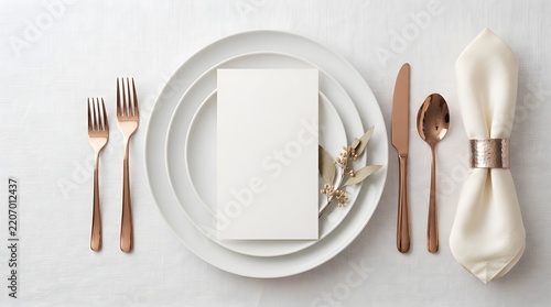Elegant table setting with white plates and rose gold cutlery.
