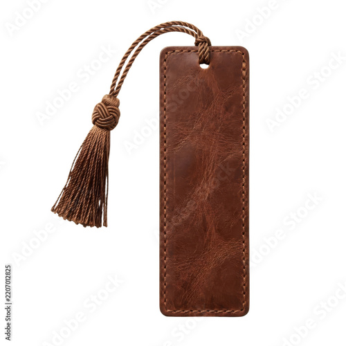 Leather bookmark with braided cord and tassel isolated on black background in a rustic handcrafted style