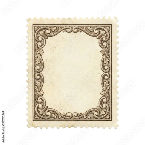Vintage postage stamp frame with ornate antique floral border and blank parchment center for elegant copy space