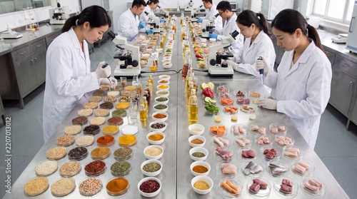 Food ingredient samples arranged on laboratory benches for quality testing and evaluation