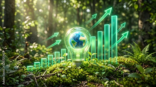 Eco light bulb with earth and upward growth chart graphics.
