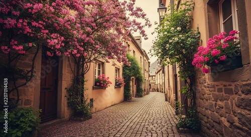 Charming Historic European Cobblestone Street with Spring Blossoms