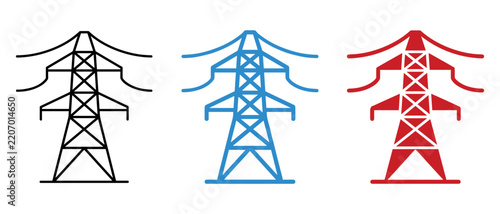 Three simplified electric power pylons in black blue and red on white background illustrating energy transmission concepts