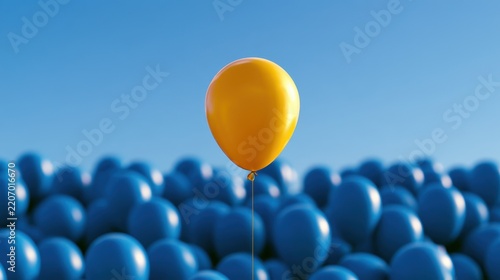 Single bright yellow balloon standing out among many blue balloons on clear sky background concept of uniqueness and individuality