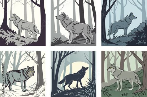 Set of wolf silhouettes. Wolf silhouette isolated