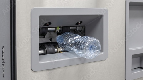 A Plastic Bottle Pushed Into The Intake Slot Of A Reverse Vending Machine Showing Deposit Return Recycling