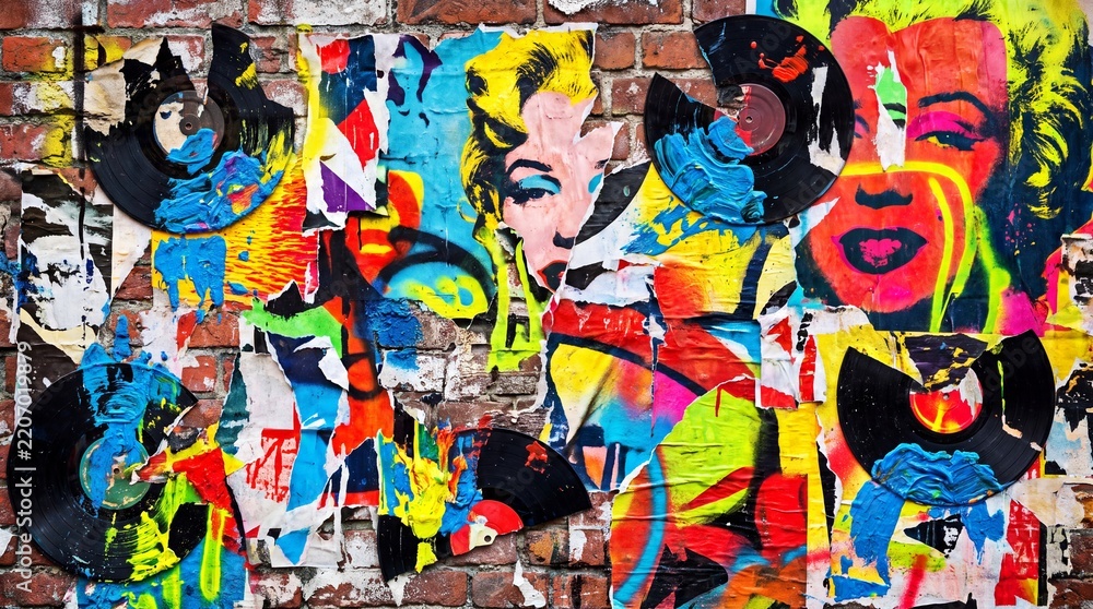 Naklejka premium Vibrant grunge collage with vinyl records and pop art graffiti illustration
