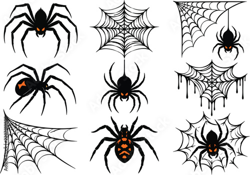 Spiders and cobwebs Halloween decorations collection vector set with black and orange spooky elements for holiday design.