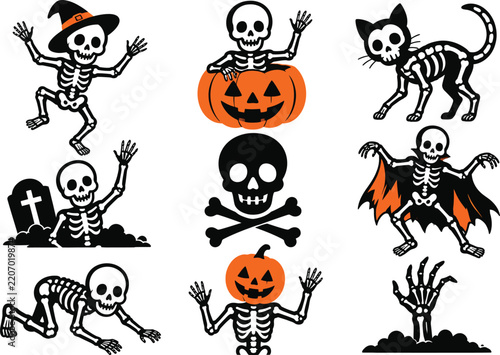 Spooky skeleton character collection including dancing skeletons pumpkin heads skull and crossbones for halloween graphic design.