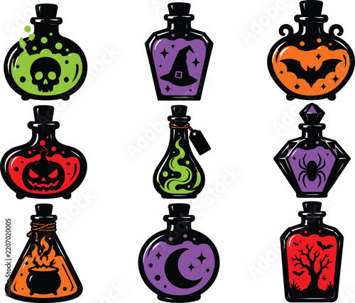 Witch potion bottle set containing colorful liquids with skull bat and moon icons for mystical alchemy and halloween projects.