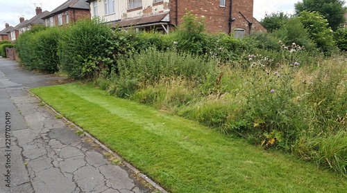 Keeping Up Appearances Concept, Neat Mown Verge Beside an Overgrown Front Garden