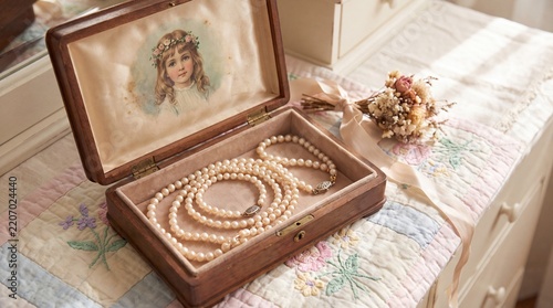 Elegant pearl necklaces displayed in vintage jewelry box, luxury accessories concept