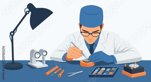 Skilled watchmaker meticulously assembling timepiece components with precision tools on a workbench
